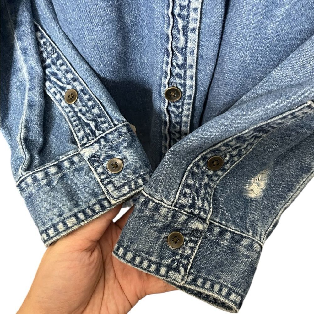 American Eagle Oversized Denim Jacket Women's Medium Blue Distressed Street - Picture 10 of 10